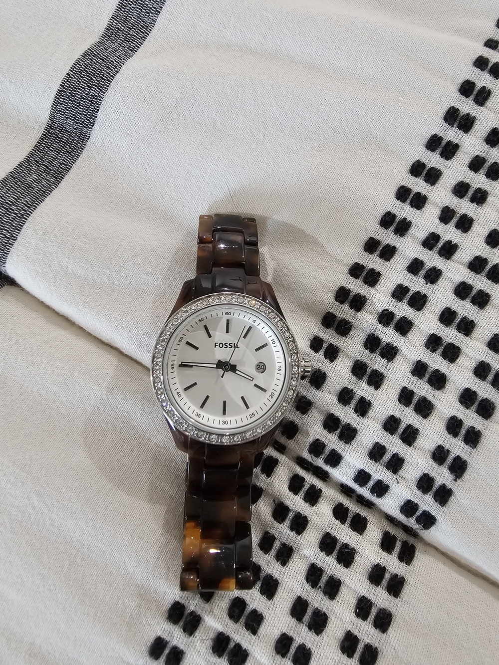 Fossil Tortoiseshell Resin Watch with Crystal Bezel - White Dial